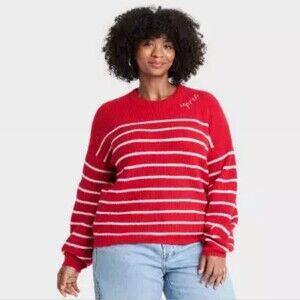 A New Day Red White Striped Apres Sweater Size 2X NWT P2P 27